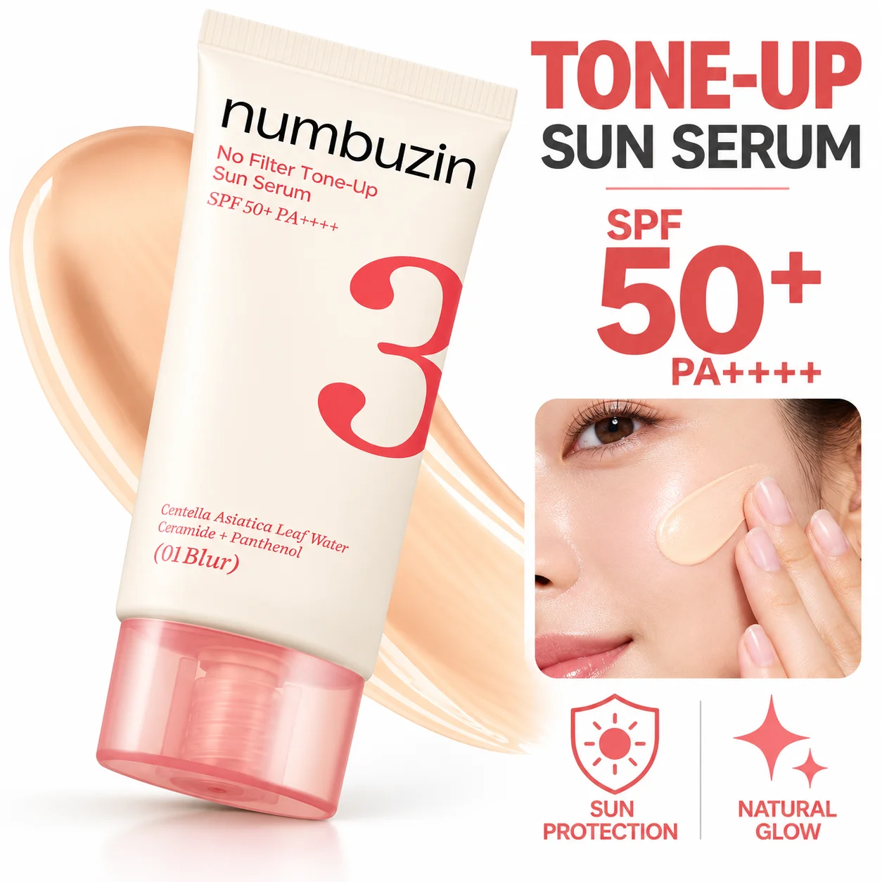 Numbuzin No 3 Tone Up Sun Serum SPF50 PA++++ Mineral Sunscreen Brightening Dull Skin Natural Makeup Base for Women