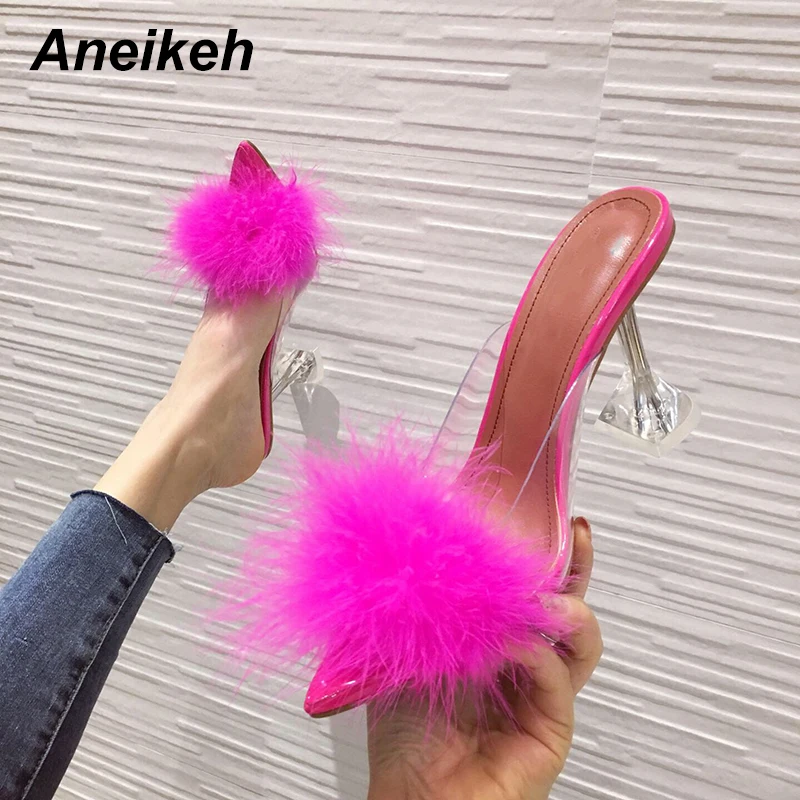 Aneikeh 2024 estate PVC trasparente sandalo piuma tacchi alti pantofole di pelliccia donna Peep Toe Mules Lady Pumps Slides Shoes 35-42