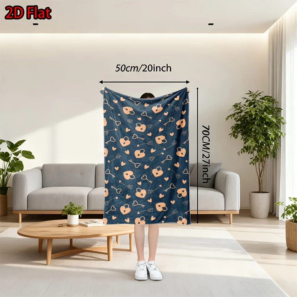 Navy Blue Heart Key Pattern Throw Blanket Plush Fleece Bed Cover Cozy Romantic Decorative Gift for Couple