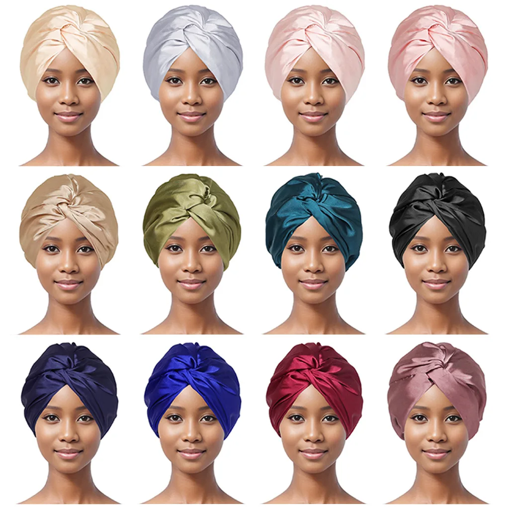 New Double-layer Faux Silk Bonnet for Women Twist Turban Hair Nightcap Adjustable Button Sleeping Cap Hats for Women
