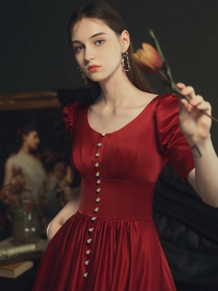 Robe De soirée en Satin rouge vin à manches courtes, tenue De bal longue et Simple, élégante, Vintage, liquidation