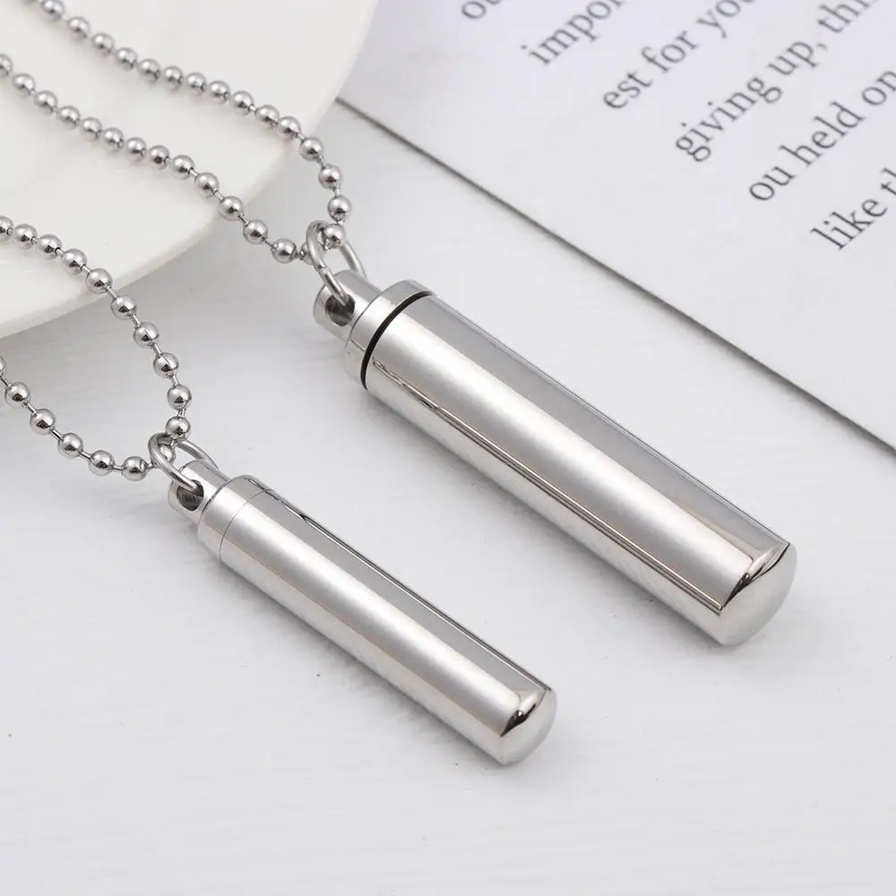Capsule Shape Beads Chain Memorial Gift Stainless Steel Openable Cylindrical Tube Perfume Vial Pendant Wishing Bottle Jewelry