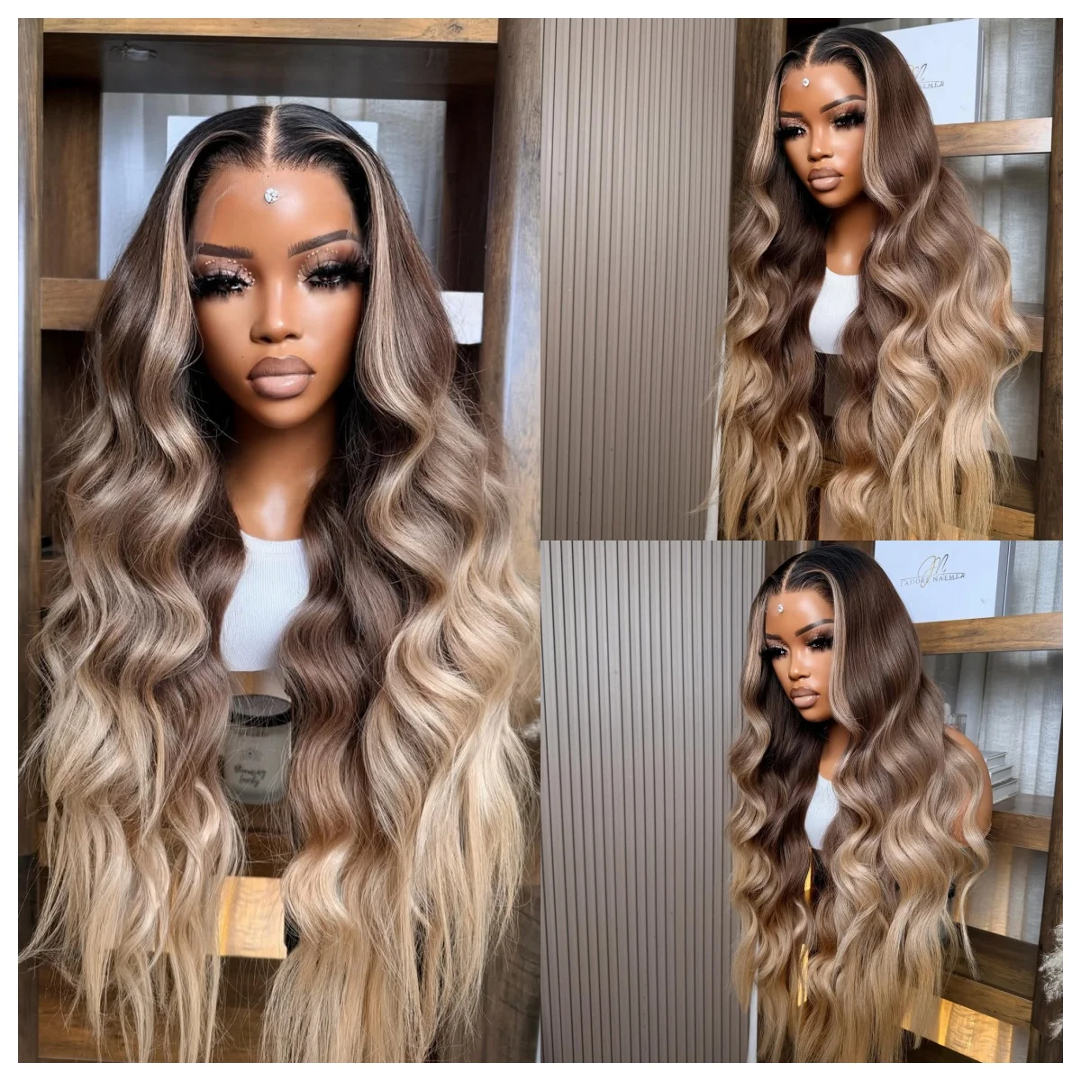 

Brown Blonde Highlighted Synthetic HD Lace Front Wig Long Wavy Dark Roots Glueless for Women Daily Cosplay Party Wear