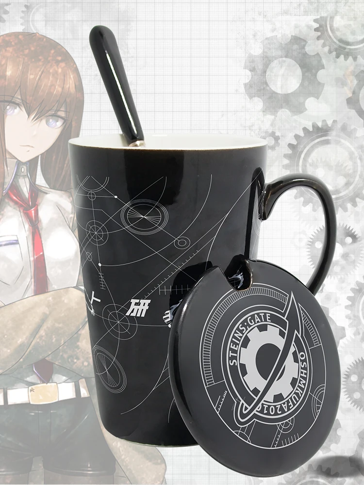 Anime Steins;Gate Makise Kurisu Water Cup Daily Ceramic Coffee Mug Cup+Spoon+Cup lid Men Women Fashion Collection Cosplay Gift