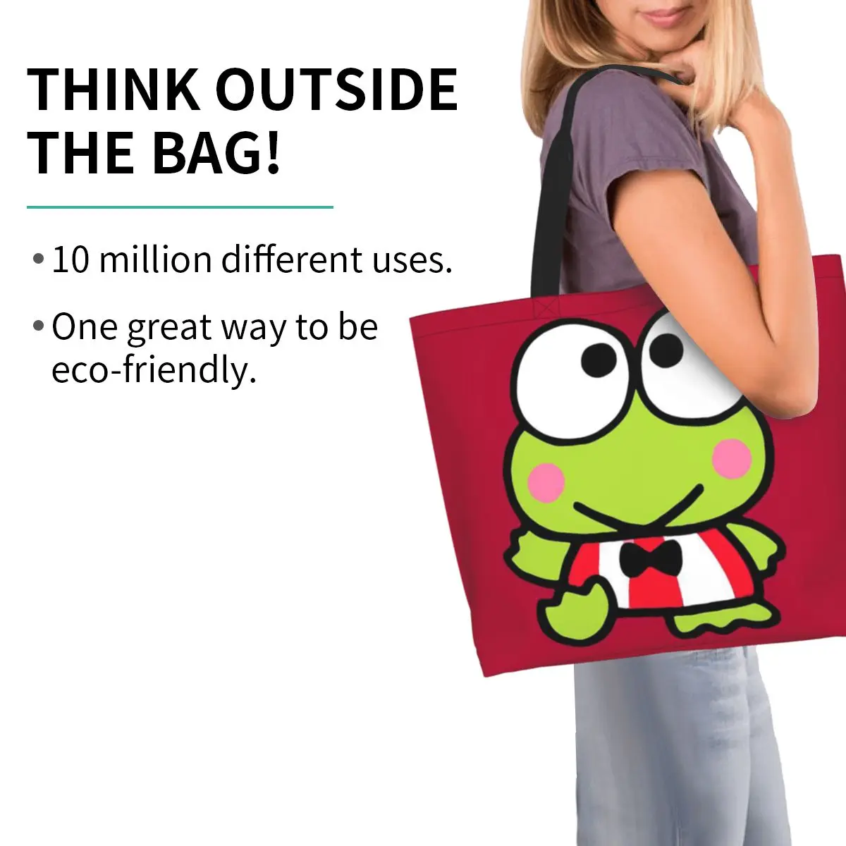 Keroppi bolso de compras Cartoo de rana de ojos grandes, bolso de hombro de lona de gran capacidad, bolso de compras para mujer