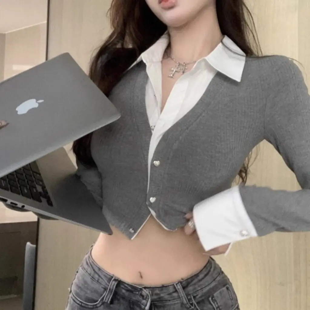 

Women's Fake Two-Piece Shirt Sweet Sexy Short Top Chic Design Spring Autumn Fashion Pure Sense Niche Hot Girl