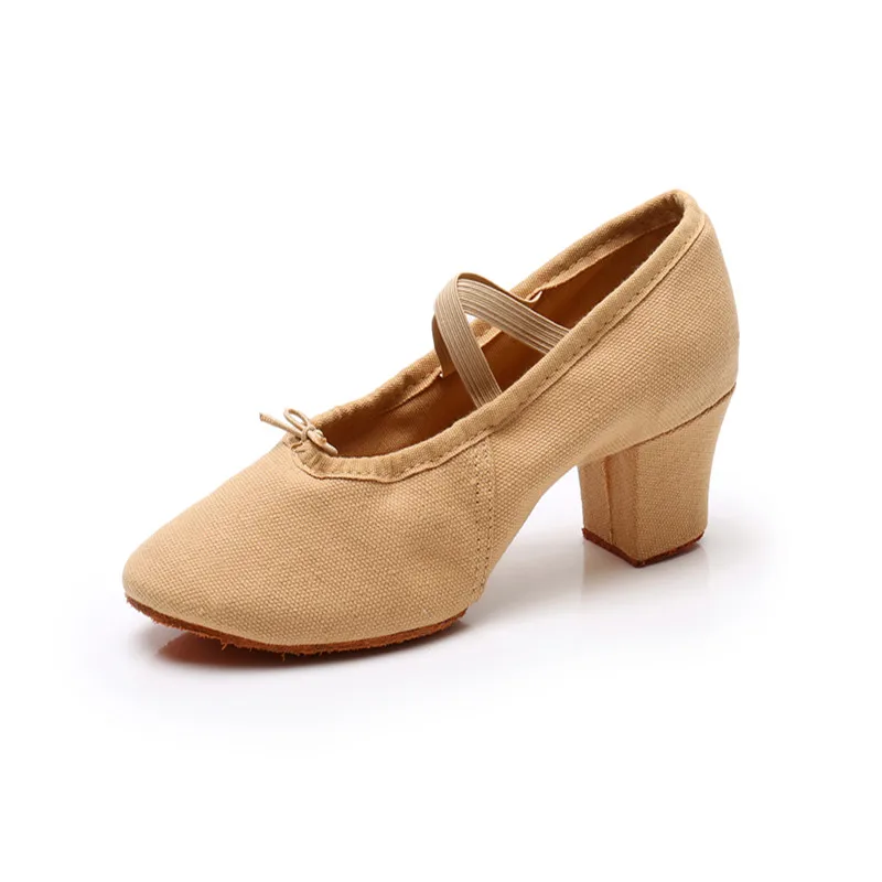Women's 5cm High Heel Ballet Practice Yoga Performance Leather Bottom Teacher Dance Shoes Canvas Help Material Ballet Shoes