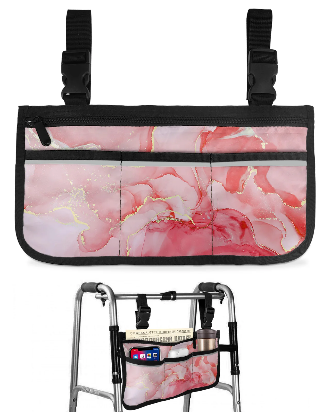 Marble Texture Gradient Red Wheelchair Bag With Pockets Armrest Side Bags Electric Scooter Walking Frame Storage Pouch