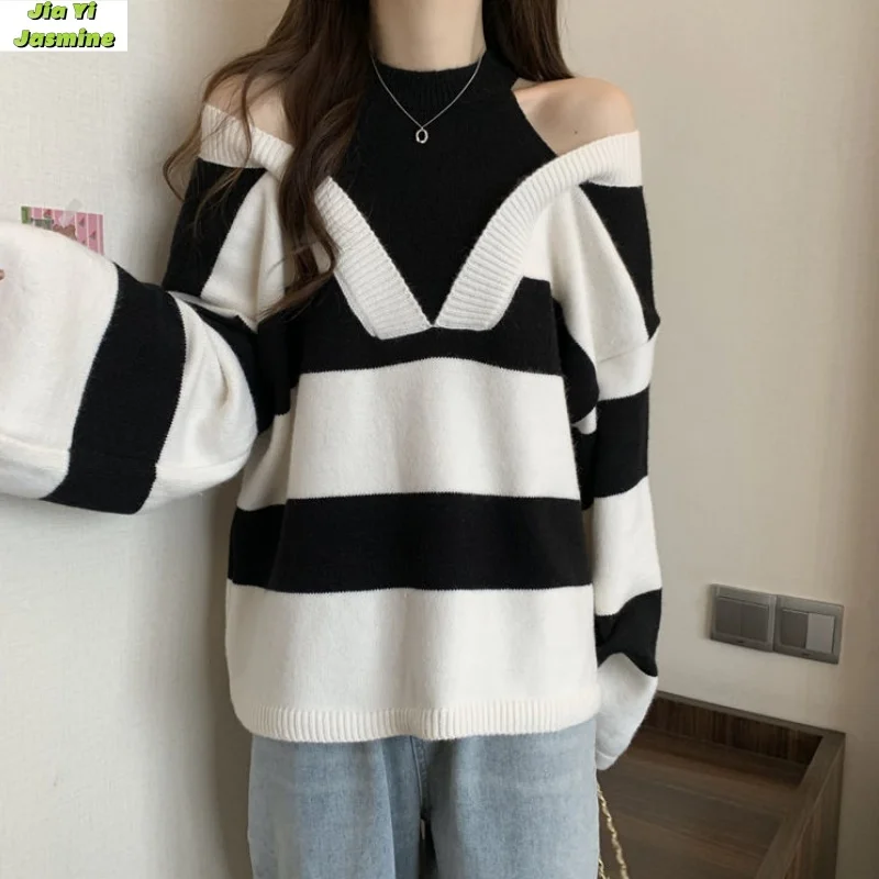 Fake Two Neck Hanging Off Shoulder Long Sleeved Pullover Sweaters for Women 2024 New Spring Style Loose and Slimming Chic Tops