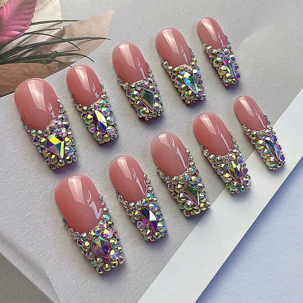 High Quality Pink French Press On Nails Luxury Glitter Rhinestones Long Coffin Wearable Nail Pink Crystal Bracelet Ring Suit