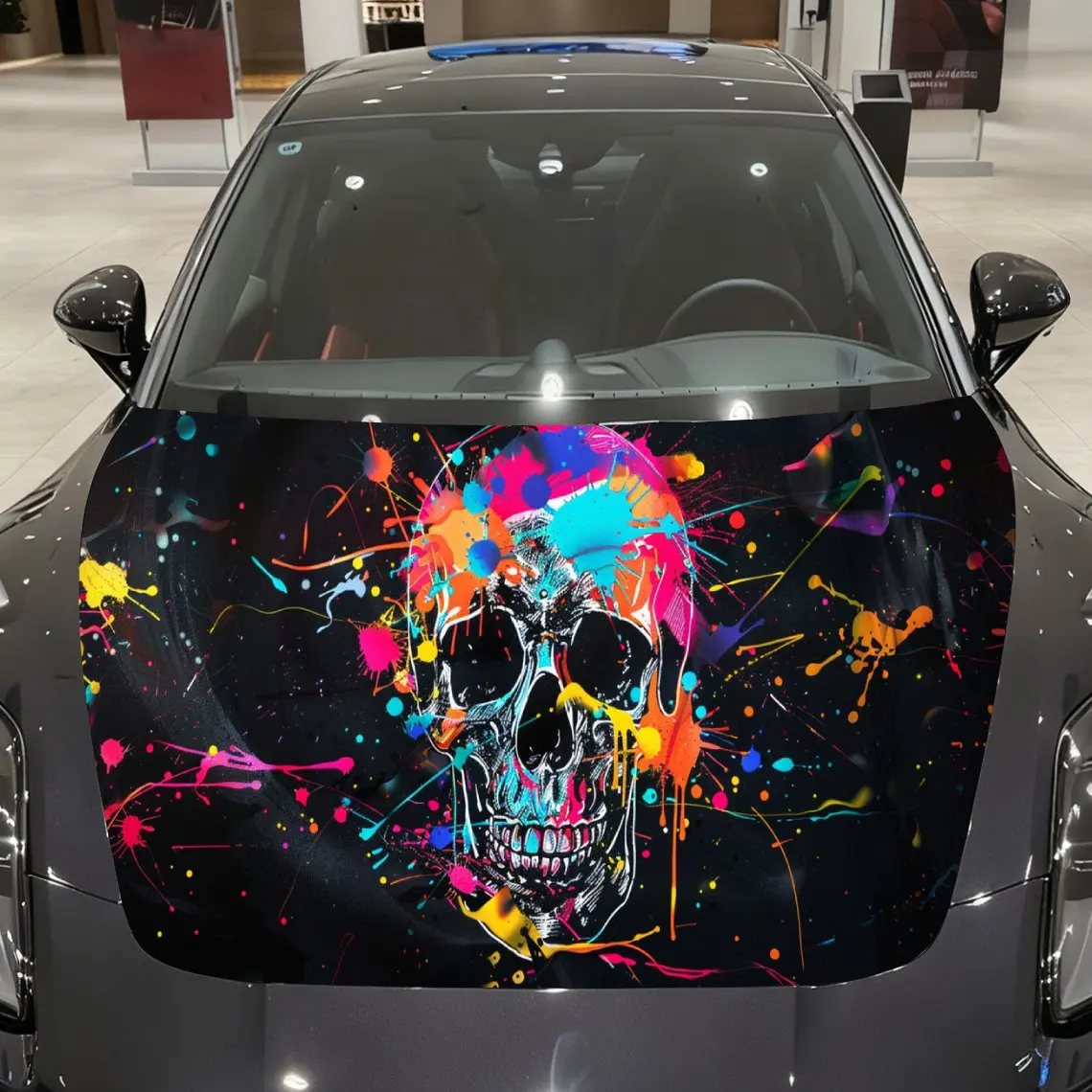 Art Skull Car Hood Wrap, Splatter Paint Colorful Style Car Hood Decal, Car Exterior Accessory, Waterproof and Self-adhesive Auto