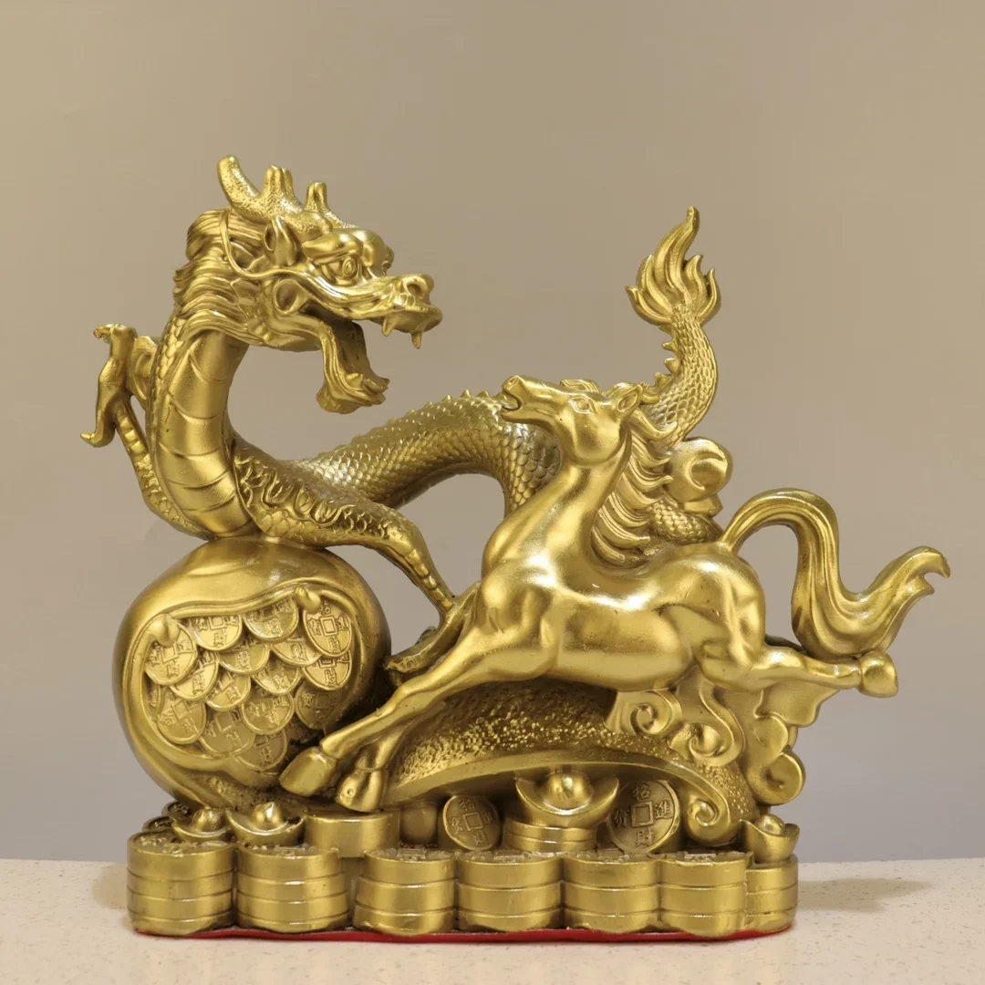 26/20/14cm bronze statue Animal auspicious dragon ornament, dragon horse spirit, money auspicious dragon, good luck leaping hors