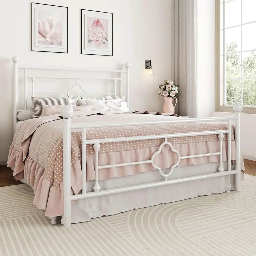 CERLIN 14인치 풀 사이즈 메탈 플랫폼 침대 프레임 빈티지 아이언아트 헤드보드 및 풋보드 매트리스 받침대 수납용