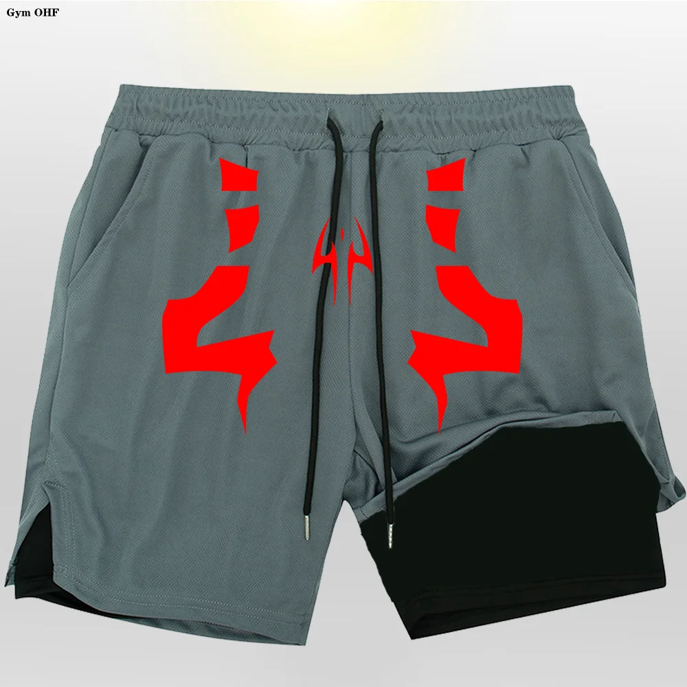 Double Layer Shorts Men\'sPrint Gym Casual Sports Compression Shorts Running Mesh 2-in-1 Sports Boxing Training Shorts Man