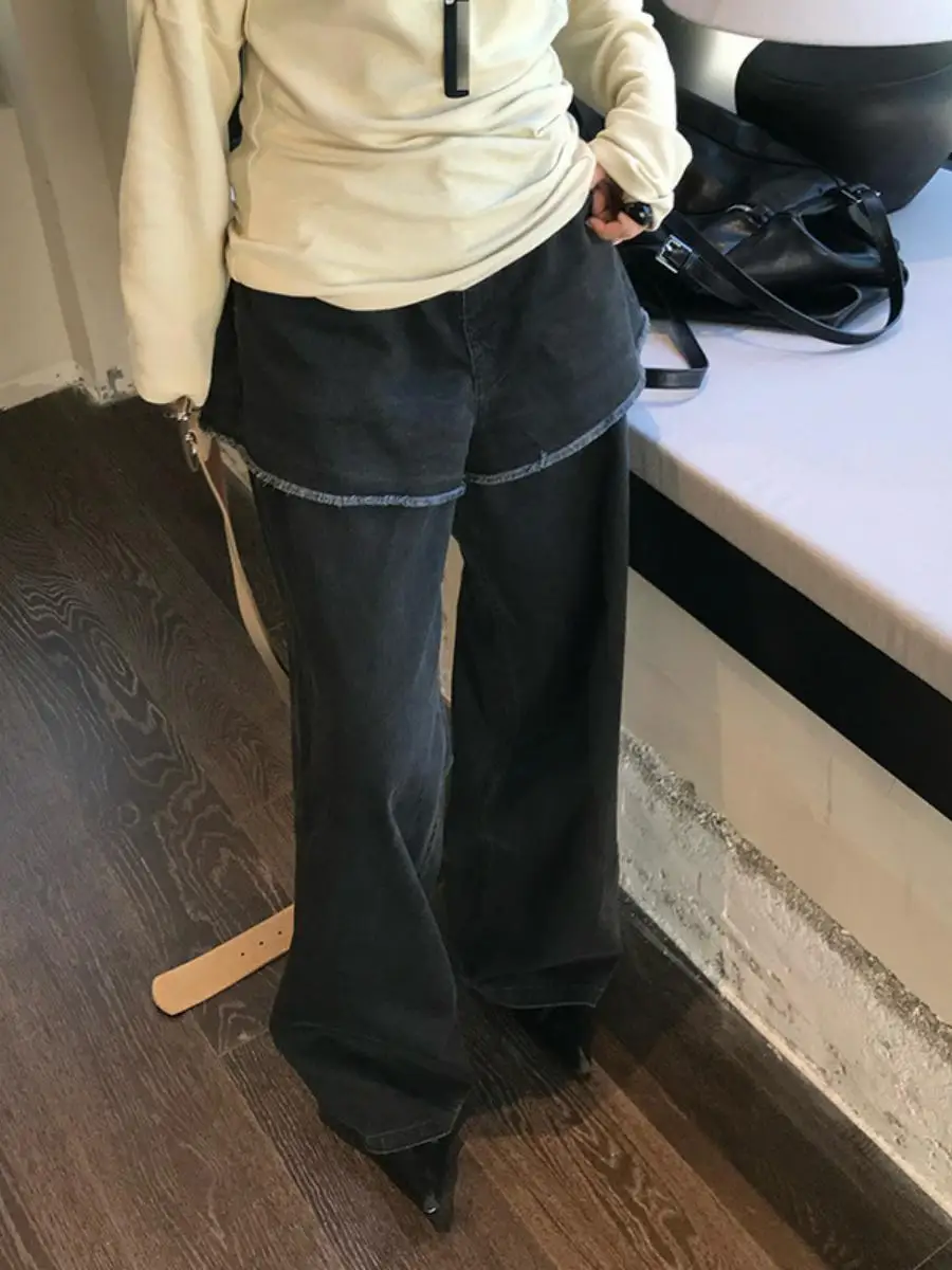  Style High Waist Straight Leg Distressed Frayed Hem Denim Jeans Women's Casual Pants Korean Style Cotton Fabric