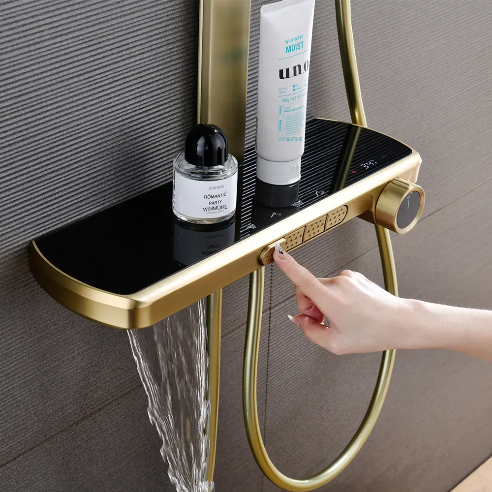 

Luxury Waterfall Bathroom Shower Faucet Glass Panel Digital Display Mixer Shower System Bathtub Temperature Rainfall Shower Set