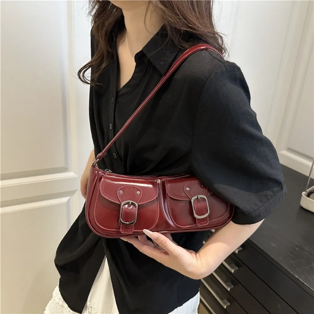 

Trendy Vintage Women's Armpit Bag Double Pockets Y2k Pu Leather Shoulder Bag Leisure Harajuku Zipper Handbag Female