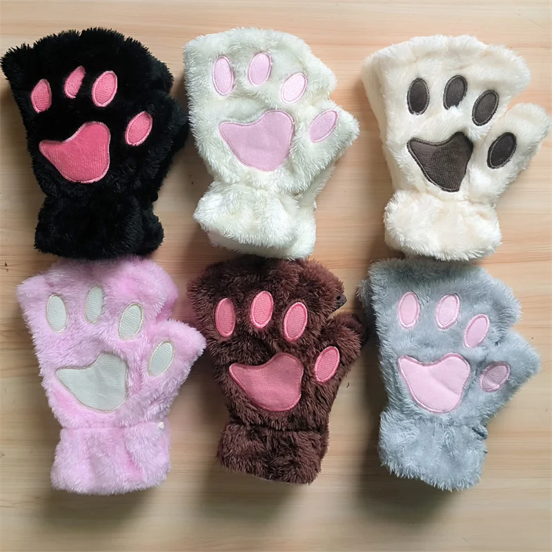 Cute Women Cat Claw Paw Gloves White Plush Half Finger Gloves Faux Fur Writing Cycling Gloves Winter Warm Short Mittens