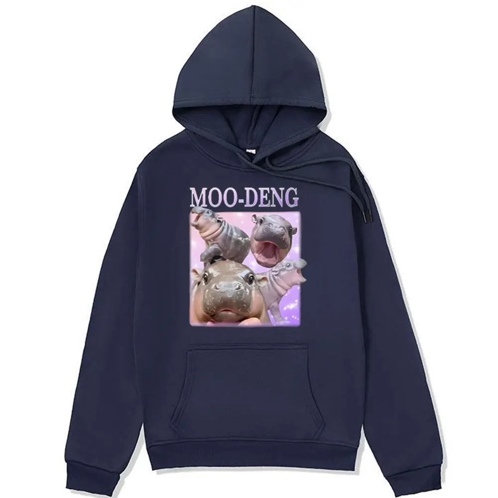 Divertido Moo Deng bebé hipopótamo Graphi impreso Sudadera con capucha hombres Vintage Harajuku sudadera ropa de calle de gran tamaño pareja polar pulóver masculino