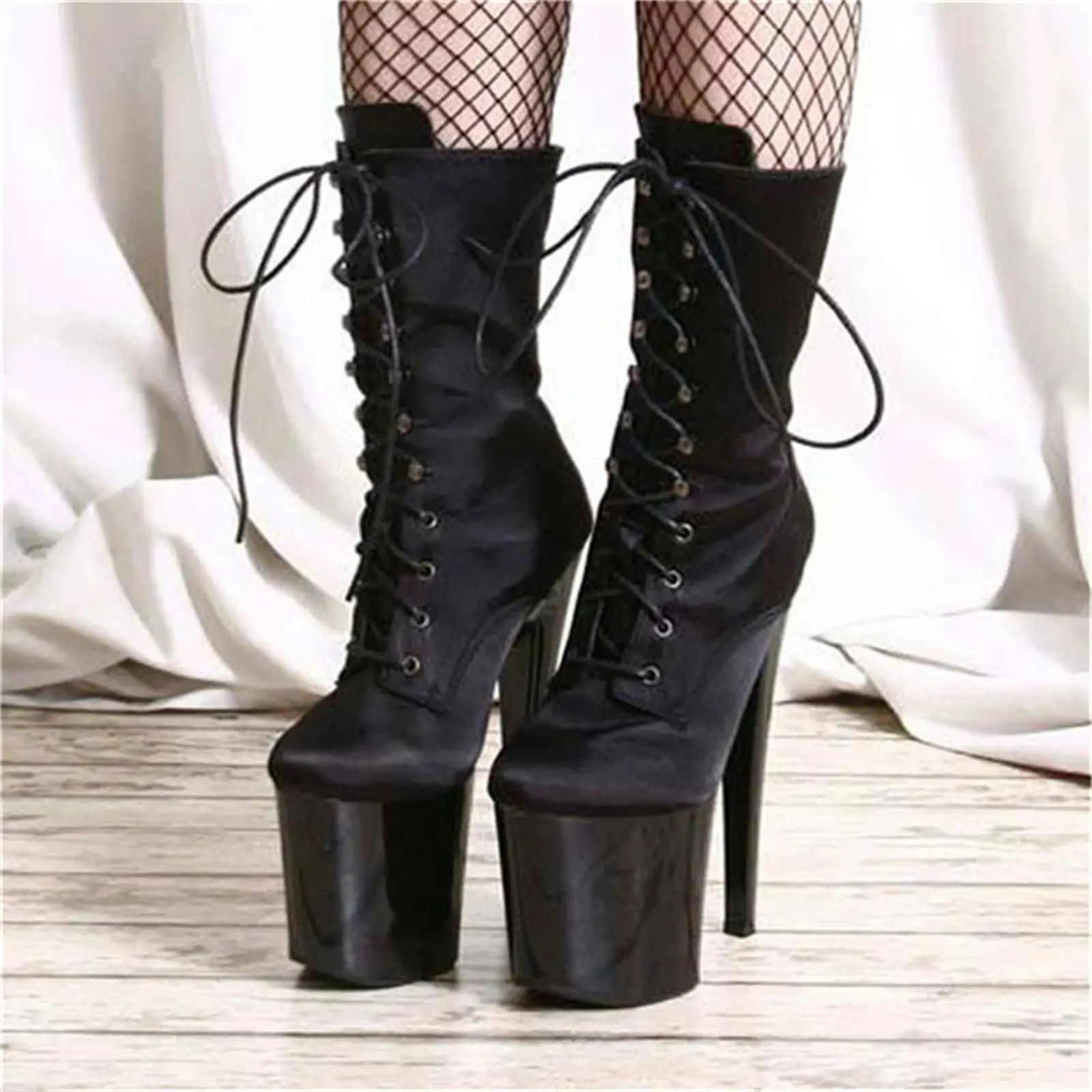 ​20CM Suede Lace-Up Thigh Boots Black, Velvet Platform Stiletto Heels with Chunky Sole & Fishnet Socks, Gothic Retro Style​