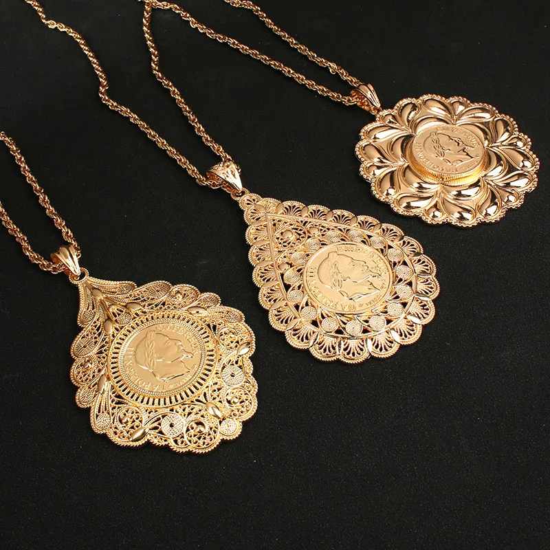 Gold Plated Coin Pendant Necklace Beautiful Design Robe Necklace Arabian Wedding Jewelry Bridal Gifts Vintage Women Necklaces