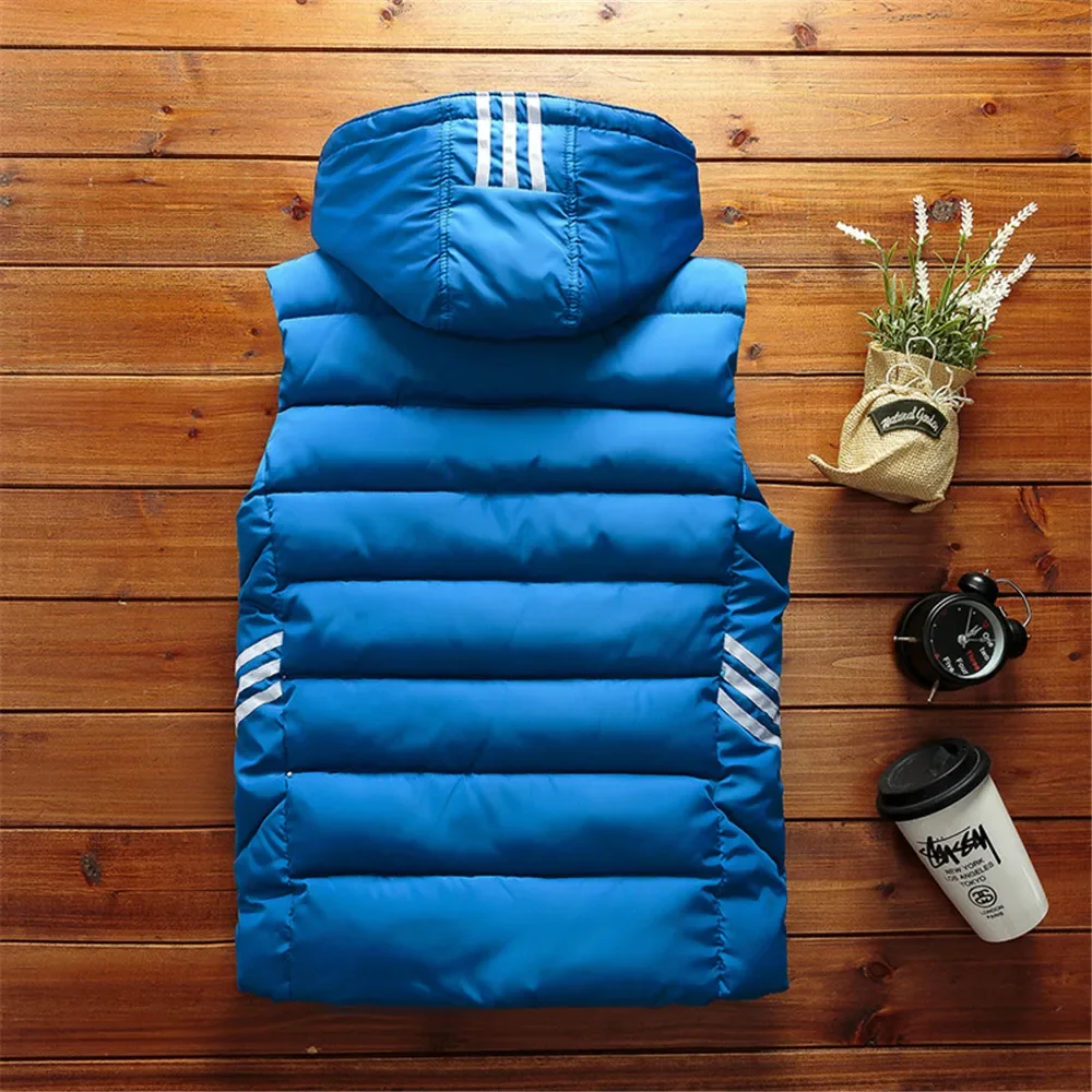 Winter Men Vest Simple Solid Thermal Sleeveless Jacket Hat Detachable Fashion Stripe Coats Windproof Thicken Unloading Waistcoat