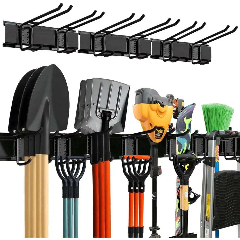 

Регулируемый настенный органайзер для гаража, сверхпрочная стойка для хранения инструментов, двухслойные крючки, настенный держатель для лопат, грабель, лестниц