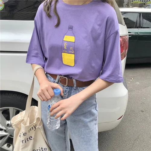 Simple Chinese letter purple causal college wind printed 2023 new light short sleeve cotton female tees