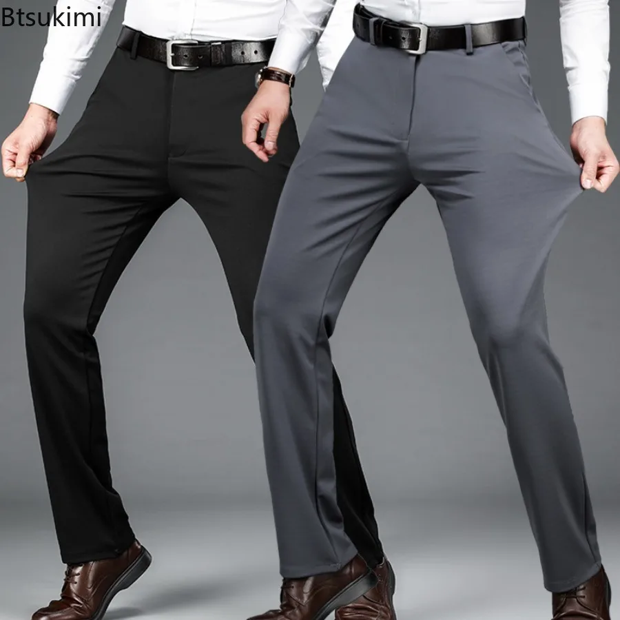 New Men's Summer Ice Silk Casual Business Suit Pants Trendy Solid Slim Dress Pants Elastic Straight Formal Pants Oversized 29-52