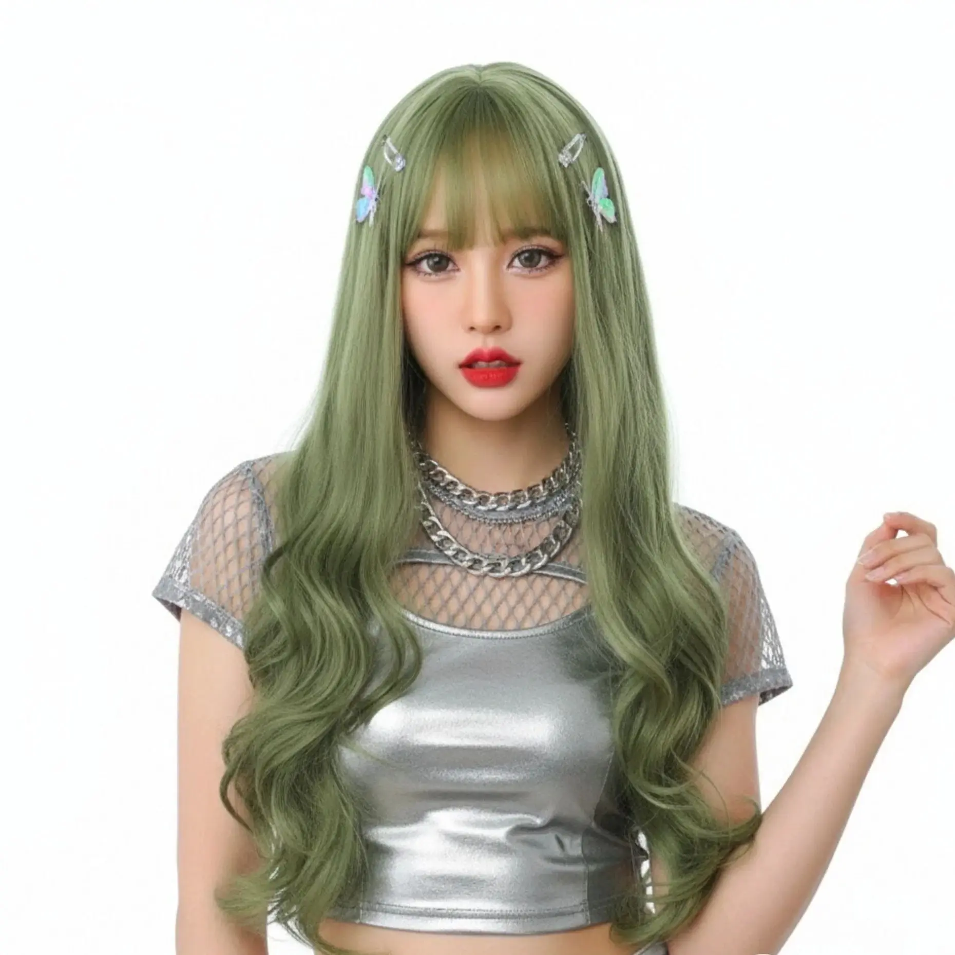GAKA Synthetic Hair Green Long Curly Wigs With Bangs For Women Heat-Resistant Cosplay Wig