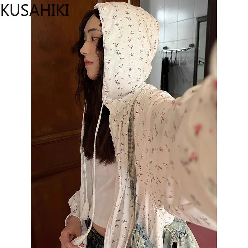 KUSAHIKI Thin Floral Hooded Cardigan Jacket for Women\'s 2024 Spring/summer New Korean Style Versatile Sunscreen Jackets