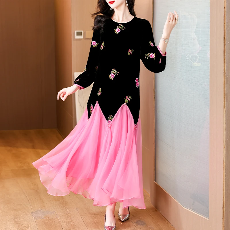 2024 Autumn/Winter New Women\'s Korean Fashion Casual Dress O-neck Silk Embroidered Mesh Splicing Knee length Long Dress