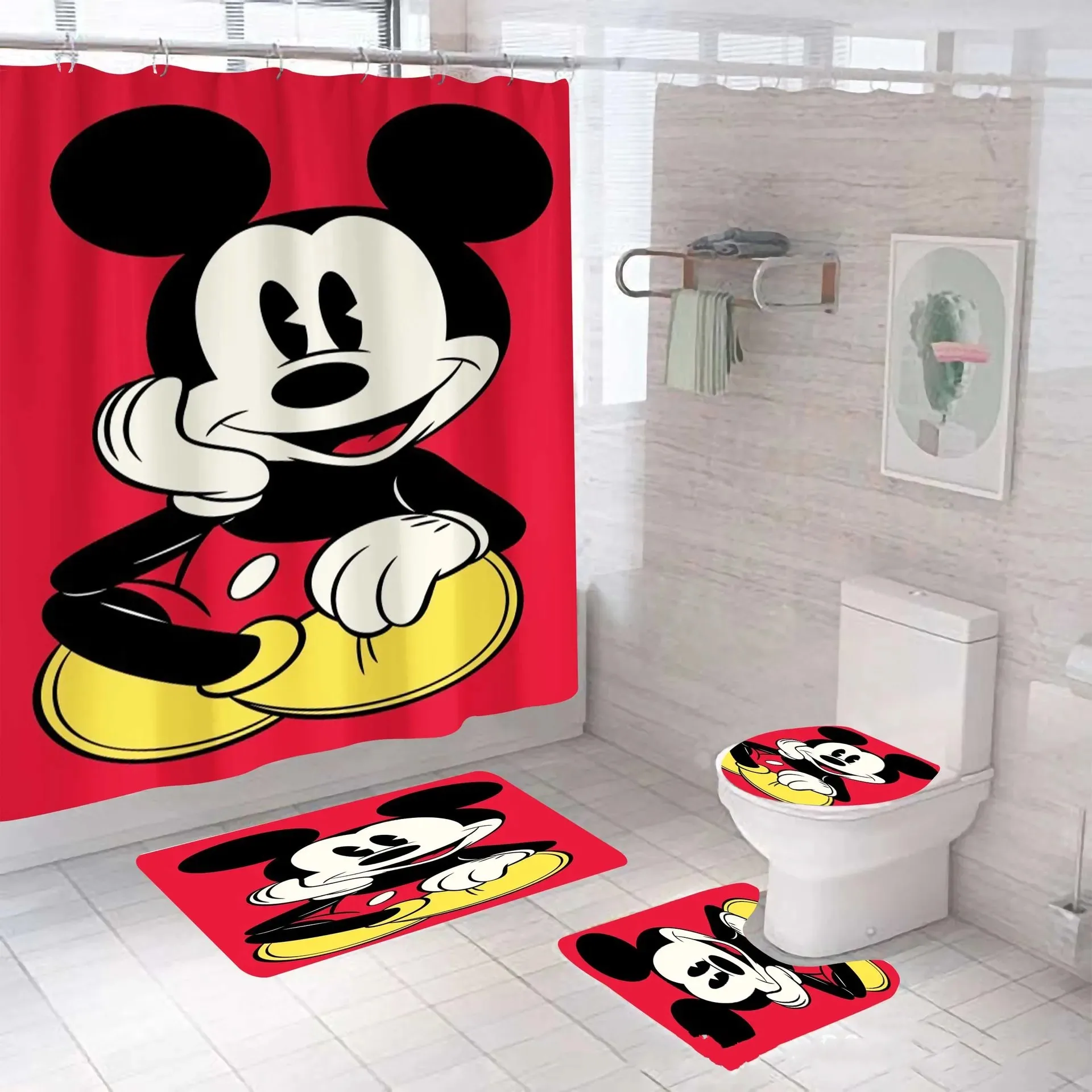 Mickey Minnie 4pcs Shower Curtain Waterproof Bath Curtain Carpet Toilet Mat Cartoon Anime Bathroom Decoration Bath Cover Hook