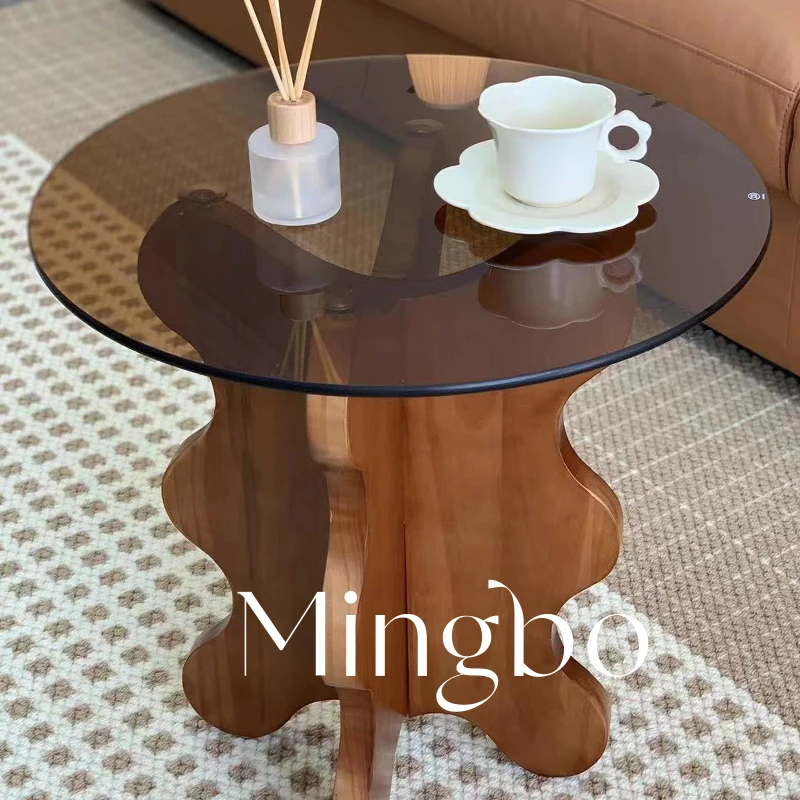 MINGBO French retro petal edge several solid wood ins wave coffee table creative table tempered glass small round table