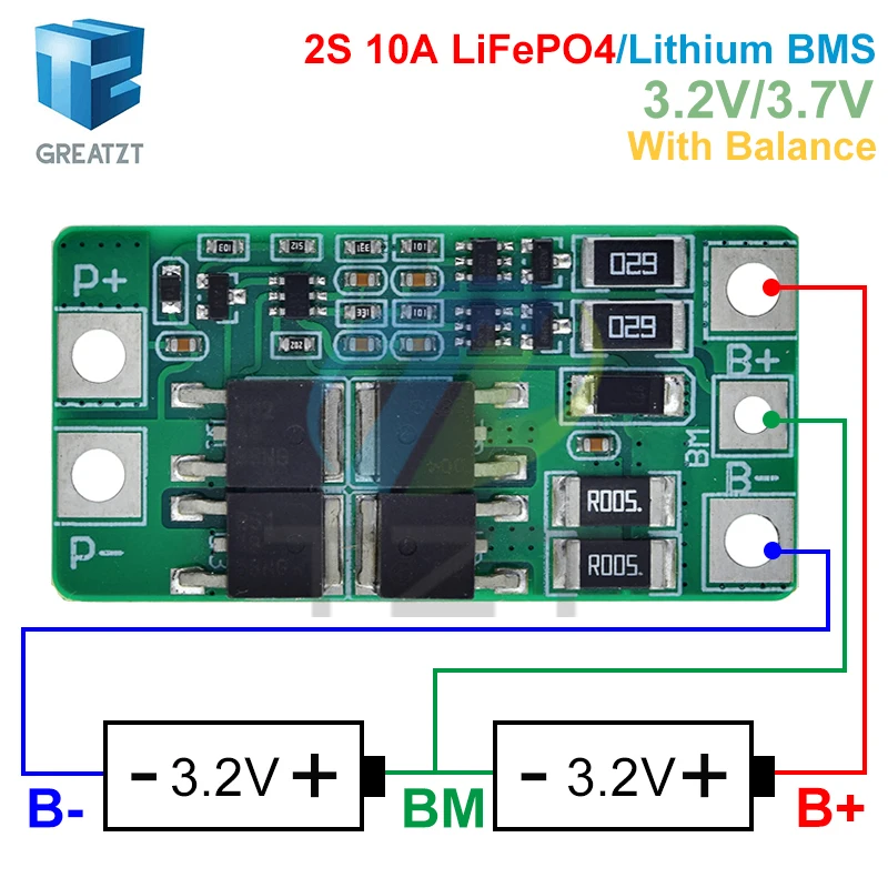 TZT BMS 2S 3.2V 3.7V 10A LiFePO4 / Lithium Battery Charge Protection Board 6.4V 7.2V 18650 32650 Battery Packs With Balance