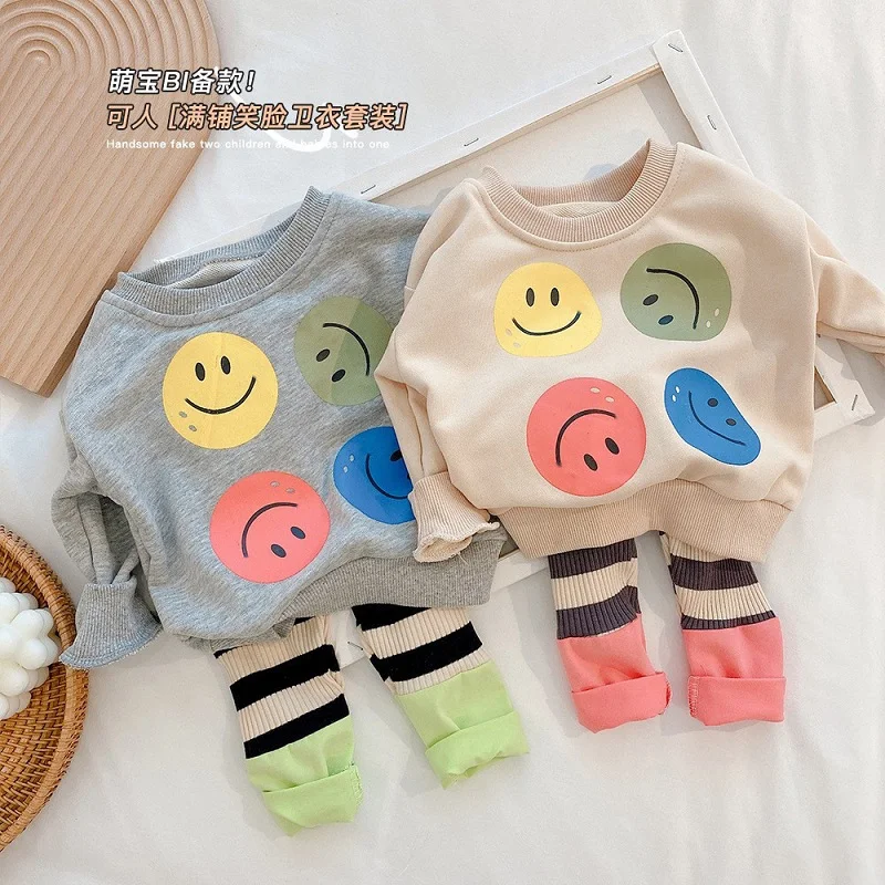 INS New Baby Girl Sweatshirt 0-4Years Children Boy Long Sleeve O-Neck Print Jumper Top Striped Legging Bottom 2PCS Separate Suit