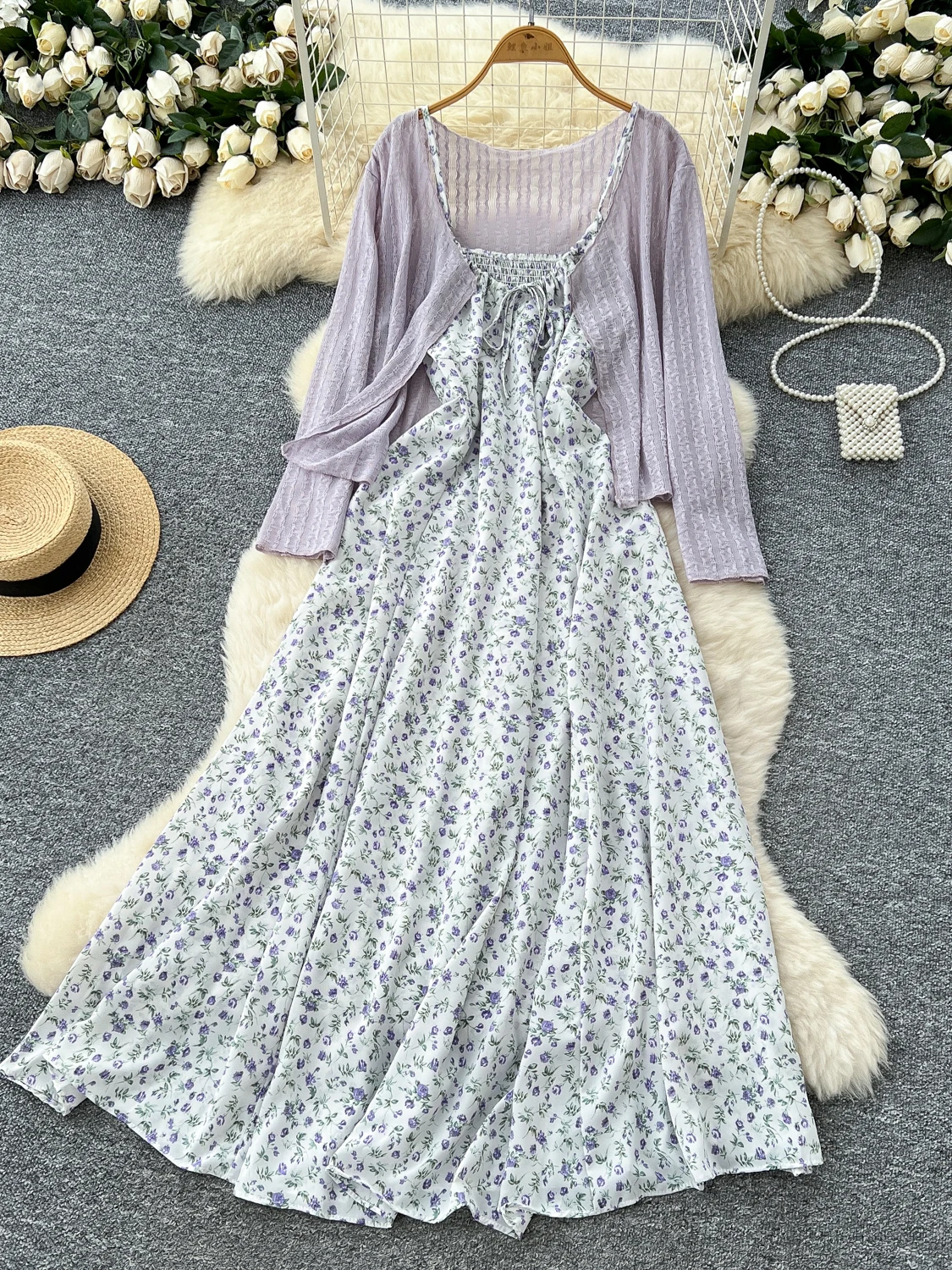 

Ele Summer Outfit Women's Gentle Sweet Sle Long Sve awl Waist Cinched Floral Dr Two Piece Set Faionable Ensemble