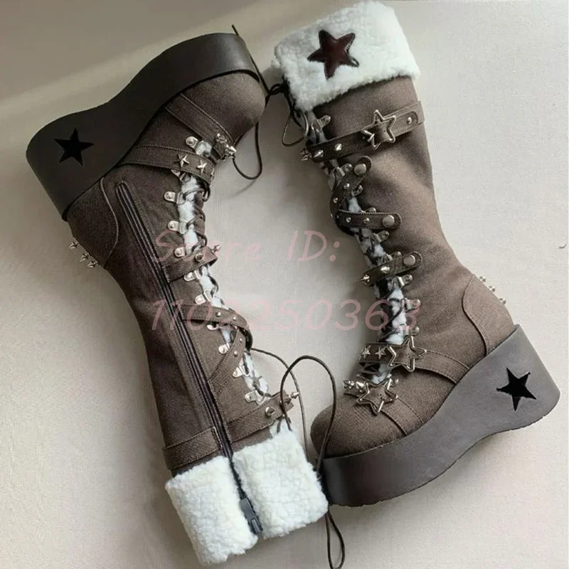 Star Lace-up Platform Knee-high Boots Round Toe Rivet Decor Cross Straps Boots  y2k 2024 New Women Fashion Shoes Cyberpunk Style