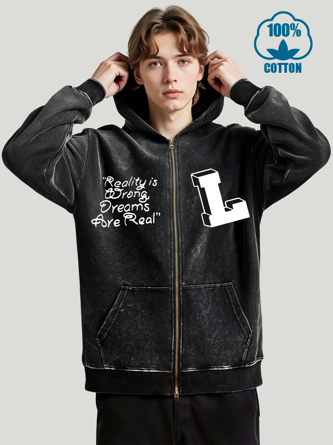 

Reality Is Wrong Dreams Are Real Prints Zipper Hoody Men Casual Street Sweatshirts Autumn Fashion Menswear Cotton Pocket Clothes