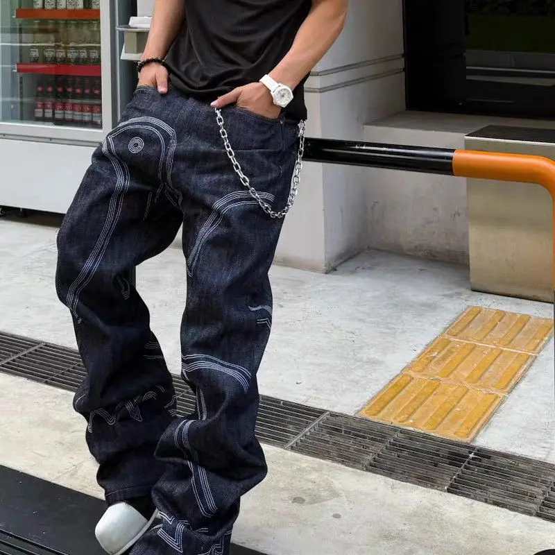 Men's Embroidery Pattern Denim Pants Spring  Street Style Trousers Wide Leg Straight Male Personality High Waist Jeans