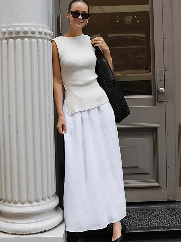 White Cotton Skirt Women Basic Casual A line High Waist  Midi Skirts Pleated Elegant Office Lady Buttoms Zipper Skirts Summer