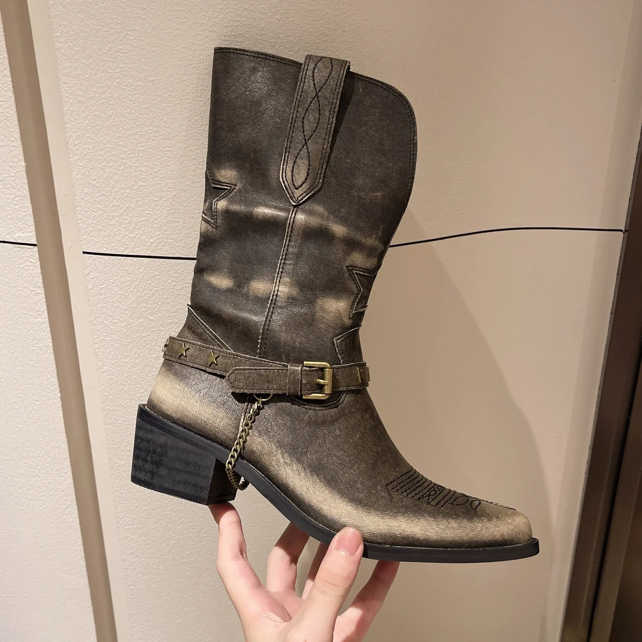 Stivali da donna scarpe da donna 2024 Western Cowboy tacchi spessi Retro New Rock Gothic metà polpaccio punta a punta bassa autunno