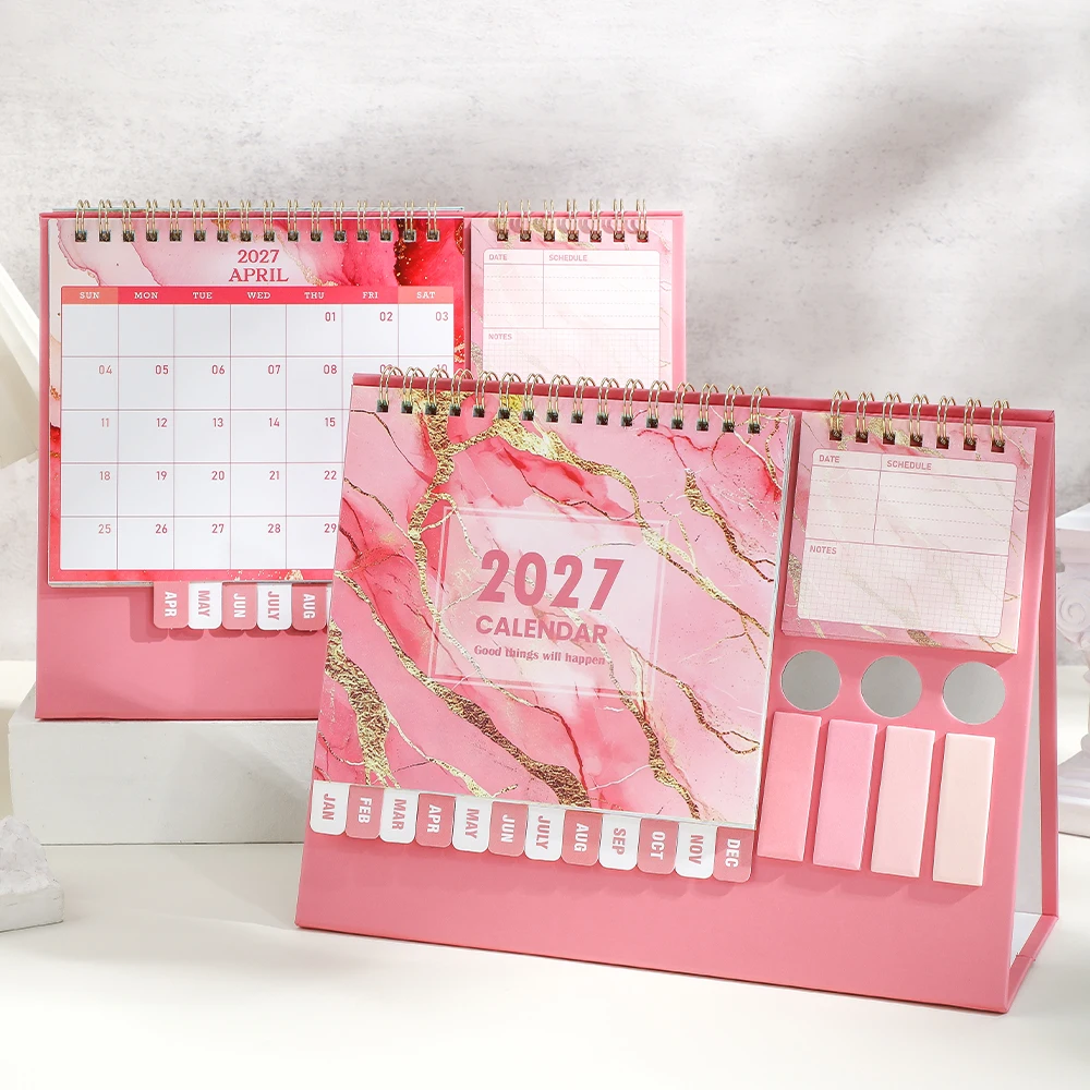 2027 Multifunctional Desk Calendar With Stickers Labels Sticky Notes Pen Holder For School Home Office Daily Monthly Organizer