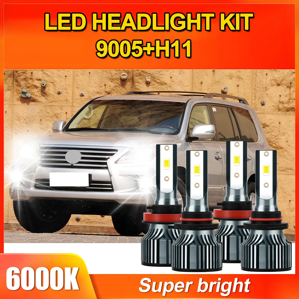 4PCS H11 9005/HB3 LED Light Bulbs Combo Hi/Lo Beam 6500K Cool White Headlamps Fan Design Auto Light Bulbs IP68 Waterproof