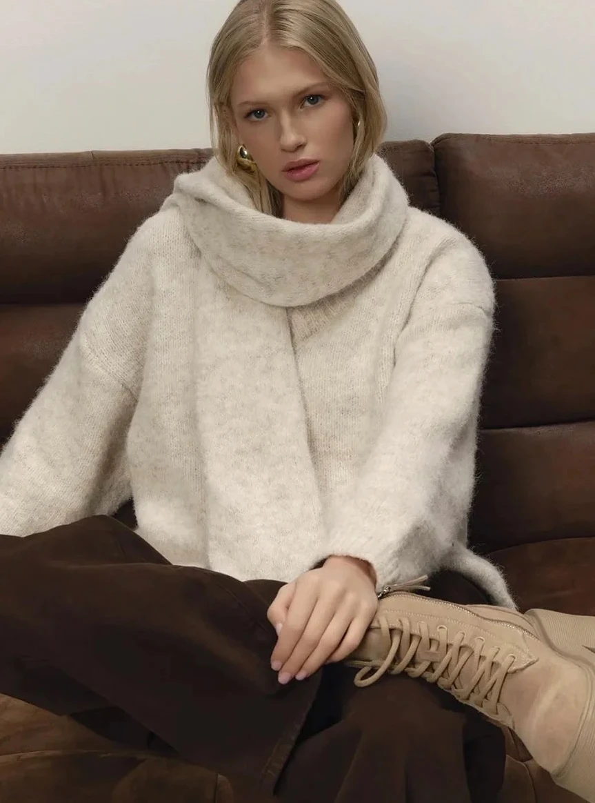 

Soft Loose V Neck Knitted Sweaters Women Winter Solid Female Pullovers & Scarf Warm Basic Knitwear Jumper