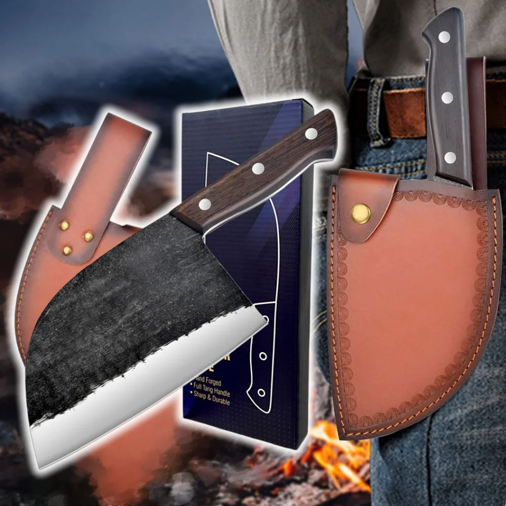Cuchillo para Chef serbio Full Tang de 6,8 pulgadas, juego de cuchillos de cocina para carnicero y carnicero con funda de cuero para llevar