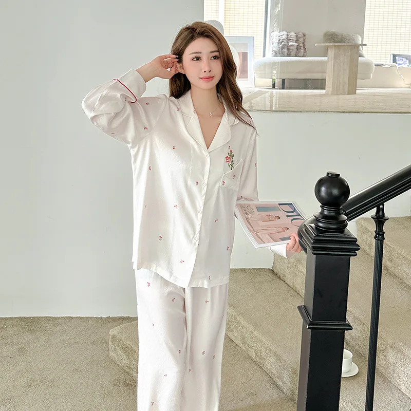 Women\'s Sleepwear Satin Silk Pajamas Sets Floral Print Long Sleeve Top With Trousers Two Piece Set Pijamas for Woman Home Wear