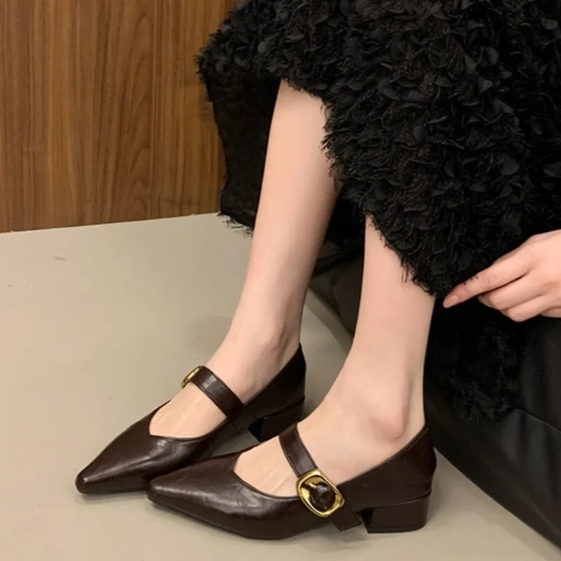 

Туфли на одинарном каблуке с металлическим ремешком на блочном каблуке, новые осенние туфли с острым носком и неглубоким носком, мягкая подошва, нескользящие туфли на каблуке «котенок»