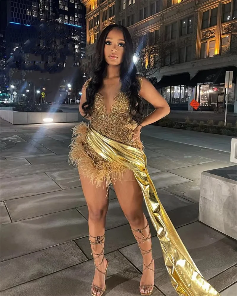 Gold Short Prom Dresses Black Girls Luxury Rhinestones Feathers with Train Sexy Birthday Party African Evening Gowns Cocktail