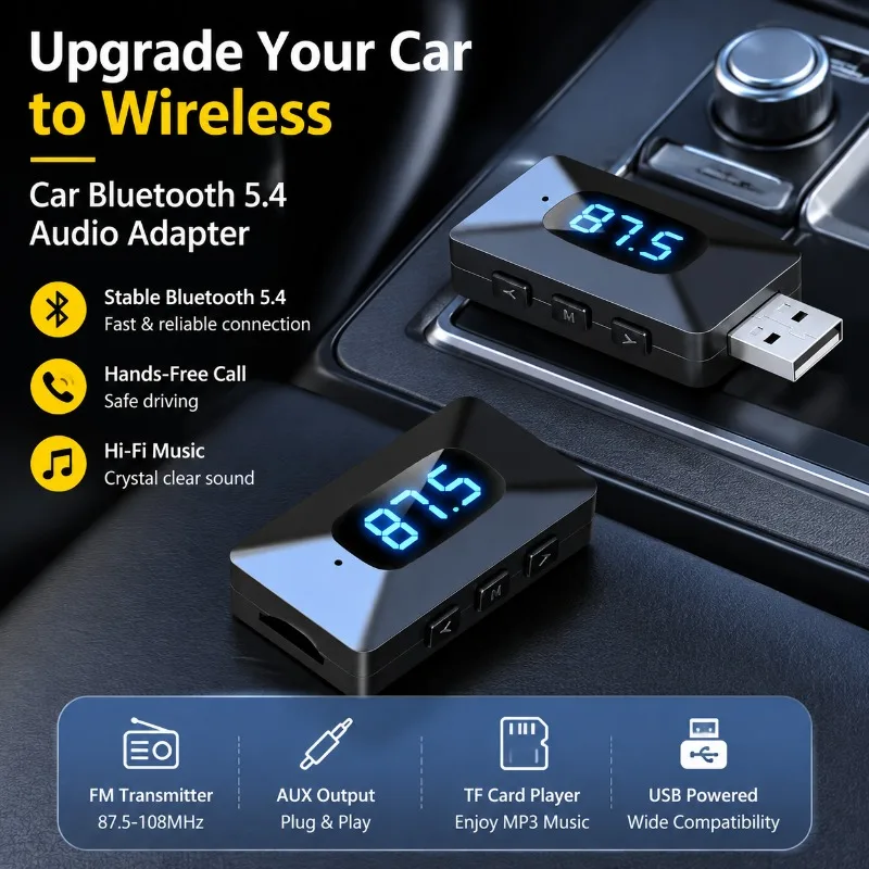 Car Bluetooth 5.4 Audio Receiver Adapter FM Transmitter Supports Handsfree Calling AUX Output Connects Stereo Speaker Reads TF